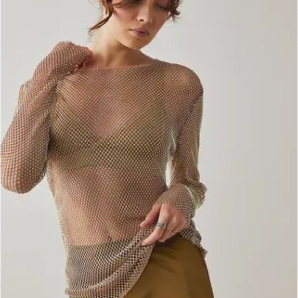Free People Intimately Filter Finish long sleeve mesh crystal rhinestone top